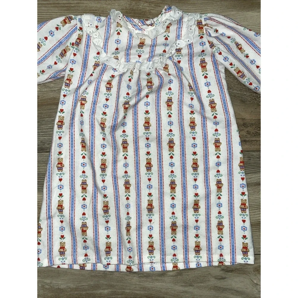 Lanz Of Salzburg Flannel Nightgown Girls Sz Small Blue Red Hearts Bear